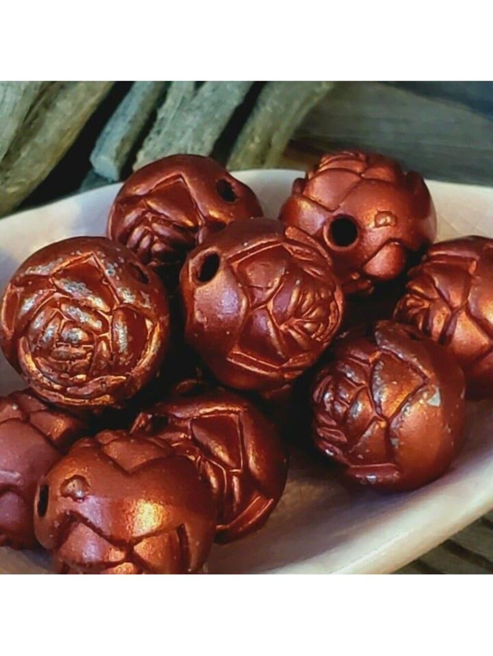 Vintage Retro Cinnamon Red Satin Rosebud Flower 14mm Round Acrylic Beads 10 pcs
